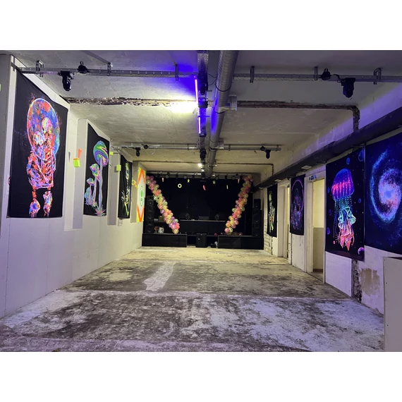 dekoráció bérlés, neon dekor, uv dekor, világító dekoráció, uv reaktív dekoráció, party dekráció, goa psy trance dekoráció